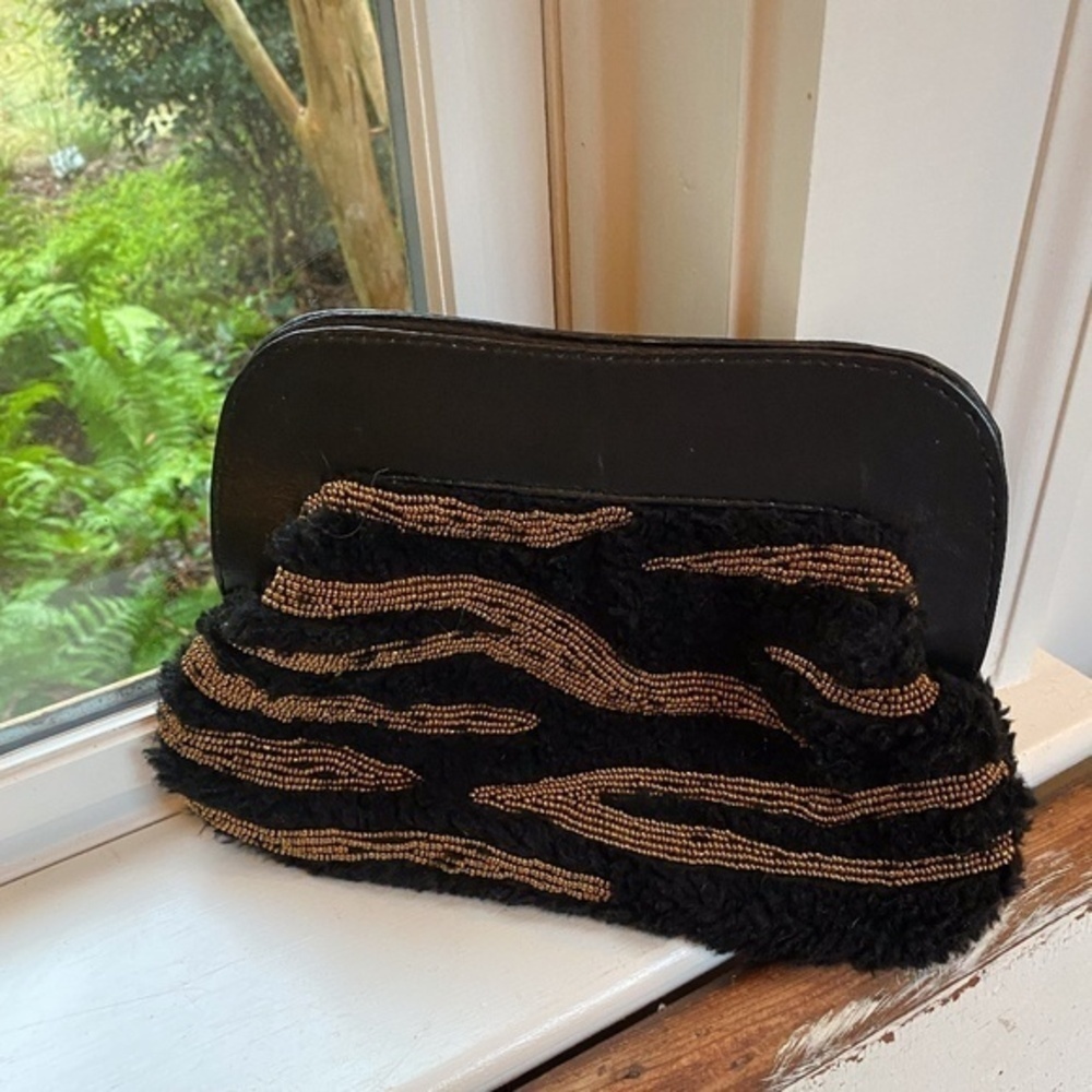 Anthropologie Black Sherpa Gold Beaded Clutch